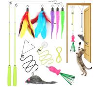 Cat Toys Interactive for Indoor Cats, 2 Retractable Cat Wand Toys, 2 Hanging Door Cat Toy with Mouse Fish, 5 Teaser Toys, Cat Feather Toys for Bored Indoor Adult Cats Kitten Stimulation Exercise Toys