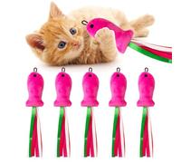 Cat Toys Pink Fish, 5PCS Catnip Toys for Cats, Flopping Cat Fish Toy Filled Soft Plush, Cat Feather Wand Accessories with Ribbons, Interactive Cat Toys for Indoor Cats Kitten Play Exercise Chew