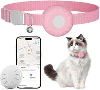 Cat Tracker,Breakaway Tracking Pet Collar with Finder Tag and Tracker Holder,No Monthly Fee, Compatible with Apple Airtag Find My (iOS Only), Reflective Strip Design with Bell(Pink)