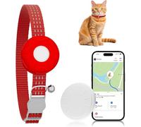 Cat Tracker,Breakaway Tracking Pet Collar with Finder Tag and Tracker Holder,No Monthly Fee, Compatible with Apple Airtag Find My (iOS Only), Reflective Strip Design with Bell(Red)