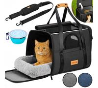 Cat Carrier Bag Cat Small Dog | Foldable Pet Transport Box Travel Pet Carrier Tote Bag | Breathable Soft Side Shoulder Bag Airline Approved Hand Bag | Kitten Car Travel Crate Bowl + Cushion Anthracite