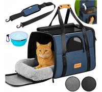 Cat Carrier Bag Cat Small Dog | Foldable Pet Transport Box Travel Pet Carrier Tote Bag | Breathable Soft Side Shoulder Bag Airline Approved Hand Bag | Kitten Car Travel Crate Bowl + Cushion Blue