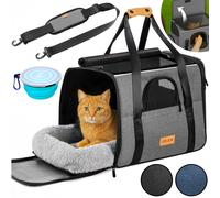 Cat Carrier Bag Cat Small Dog | Foldable Pet Transport Box Travel Pet Carrier Tote Bag | Breathable Soft Side Shoulder Bag Airline Approved Hand Bag | Kitten Car Travel Crate Bowl + Cushion Grey