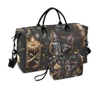 Cat Travel Duffle Bag Gym Bag, Black Skulls Cats Gothic Style Weekender Bags for Women with Toiletry Bag Travel Tote Bag Swim Bag