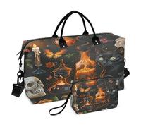 Cat Travel Duffle Bag Gym Bag, Black Skulls Cats Roses Weekender Bags for Women with Toiletry Bag Travel Tote Bag Swim Bag