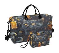 Cat Travel Duffle Bag Gym Bag, Black Skulls Cats Weekender Bags for Women with Toiletry Bag Travel Tote Bag Swim Bag