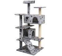 Cat Tree 125cm Grey Plush Sisal Rope Wooden Frame Paw Print Houses Ladder & Nest