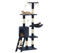 Cat Tree 138cm Dark Blue Plush Sisal Ladder House 3 Toys Sturdy Base Cozy Perch