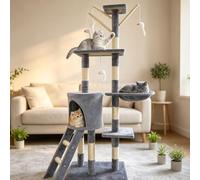 Cat Tree, 139cm Cat Scratching Post Multi-Level Stable Climbing Tower with Ladder, Cats Tower with Sisal Scratching Posts, Indoor Pet Activity Furniture Play House for Kitty Kitten, Grey