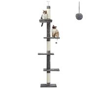 Cat Tree 5-Tier Floor to Ceiling Cat Tower Height Adjustable 95-107 Inches, Tall Kitty Climbing Activity Center with Scratching Post, Cozy Bed, Dangling Ball for Indoor Cats Grey