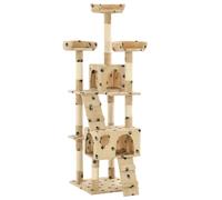 Cat Tree 50x50x170cm Beige Paw-Print Plush & Sisal Particleboard Condo Deluxe