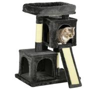 Cat Tree Black 83cm Plush Particle Board Sisal 2 Houses Top Perch Stable Base XL