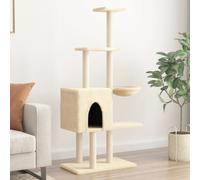 Cat Tree Cream Plush & Sisal 145cm Multi-Level Engineered Wood Tower with House