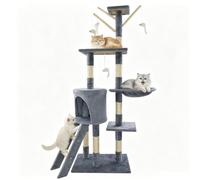 Cat Tree for Indoor Cats, 139cm Tall Cat Tower with Scratch Post and Natural Sisal, Multi Level Cat Climbing Frame with Platforms, Hammock, Toys, Ladder, Large Cat Tree for Homes (Grey)