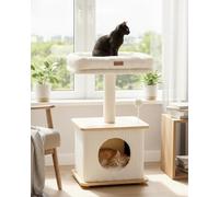 Cat Tree for Indoor Cats, 74 cm, Modern Design Wooden Cat Tree with Sisal Scratching Posts, Large Padded Perch & Closed Kennel (Cream & Natural Wood, Standard (1 Pole))