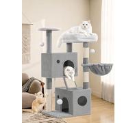Cat Tree for Indoor Cats, Multi-level Climbing Tower with Condos, Hammock, Scratching Posts, Interactive Toys, Removable Cushion, 108cm Height, Light Grey