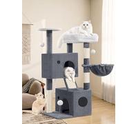 Cat Tree for Indoor Cats, Multi-level Climbing Tower with Condos, Hammock, Scratching Posts, Interactive Toys, Removable Cushion, 108cm Height, Light Grey