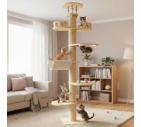Cat Tree from Floor to Ceiling, Height-Adjustable Cat Tower, 6-Level Scratching Post with Hemp Rope, Sturdy Cat Activity Tree, Cat Scratching Post for Indoor and Outdoor Use (Natural Wood Colour)