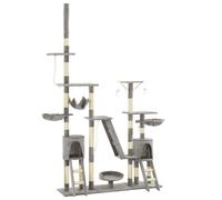 Cat Tree Grey 147x35x230-250cm Plush & Sisal 2 Houses 3 Ladders Hammock Deluxe+