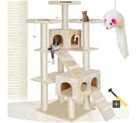 tectake® Cat Tree with Multiple Levels, Sisal Scratching Posts, Stable Footing, 2 Cosy Houses, 3 Tall Perches, 2 Ladders & Playful Toy Mice - 186cm Cat Tower for Cats & Kittens - Beige