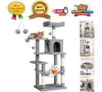 Feandrea Cat Tree Tower, 143 cm Multi-Level Plush Cat Condo with 4 Scratching Posts, 2 Perches, Cave, Hammock, Pompoms, Light Grey PCT161W01