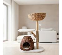Cat Tree Tower for Large Adult Cats, Real Branch Cat Tree with Natural Tree Bark House & Rattan Basket, Cat Condo for Indoor Cats, Sisal Scratching Posts, Removable Covers, Soft Pillows, 35-Inch Tall