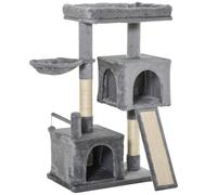 Cat Tree Tower Grey Plush and Sisal 60x40x111cm Hammock Two Houses Hanging Ball