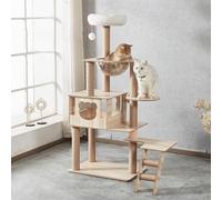 Cat Tree Tower with Condo and Litter Box Enclosure, Modern Design Features Transparent Top Perch for Large Cats