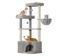 Feandrea Cat Tree Tower, 48.5 x 48.5 x 140.7 cm, Cat Condo with Large Cave, Large Perches, Scratching Posts, Pompoms, Basket, Dove Grey PCT009G01