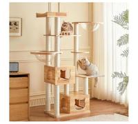 Cat Tree with 2 Cat Beds and 2 Space Pods Featuring A Lookout Platform Rubberwood Cat Tower with 8-Tier Design Kraft Paper Rope-Wrapped Scratching Posts Includes Hammock Reinforced Base Plate