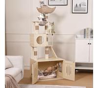 Cat Tree with Litter Box Enclosure, 170cm Cat Tower with House, Ladder, Sisal Scratching Posts, Hammock & Dangling Rope, Wooden Kitty Condo Hidden Washroom for Climbing Playing Sleeping 70 x 45 m