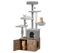 Cat Tree with Litter Box Enclosure, 2-in-1 Modern Cat Tower Furniture with Hidden Washroom, Scratching Posts, Hammock & Perch Platform, All-in-One Cat Condo for Indoor Cats, Brown