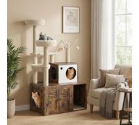 Cat Tree with Litter Box Enclosure, 2-in-1 Modern Cat Tower with Anti Tipping Belt, All-in-One Hidden Kitty Washroom with Cats Condo, Scratching Posts, Perch & Teaser Sticks, Perch & Teaser Sticks-A