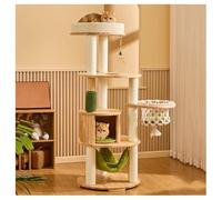 Cat Tree with Mesh Pouch and Semi-Enclosed Bed H108.5/146/168cm(42.7x57.5x66.1") Cat Tower with Fenced Lookout Platform Scratching Post for Grooming and Itch Relief Kraft Paper Rope Scratching