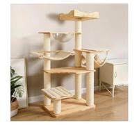 Cat Tree with Space Pod Hammock Cat Bed and Enclosed Lookout Tower Solid Wood Cat Tower H150cm (59.1") Wide Platform Kraft Paper Rope-Wrapped Scratching Posts and Cushion Included