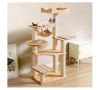 Cat Tree with Space Pod Hammock Cat Bed and Enclosed Lookout Tower Solid Wood Cat Tower H150cm (59.1") Wide Platform Kraft Paper Rope-Wrapped Scratching Posts and Cushion Included