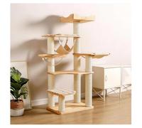Cat Tree with Space Pod Hammock Cat Bed and Enclosed Lookout Tower Solid Wood Cat Tower H150cm (59.1") Wide Platform Kraft Paper Rope-Wrapped Scratching Posts and Cushion Included