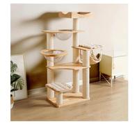 Cat Tree with Space Pod Hammock Cat Bed and Enclosed Lookout Tower Solid Wood Cat Tower H150cm (59.1") Wide Platform Kraft Paper Rope-Wrapped Scratching Posts and Cushion Included