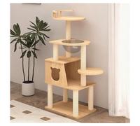 Cat Tree with Spacious Bed and Scratching Posts, Solid Wood Tower with Hammock, Teaser Ball, and Guardrail Lookout for Ultimate Cat Comfort