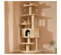 Cat Tree with Tower, Semi-Enclosed Bed, Wooden Resting Platforms, Rope Posts, High Load Capacity, Triangular Design, Jumping Toys for Indoor Cats
