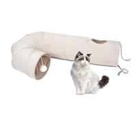 Cat Tunnel, 2-Way Collapsible Cat Tube with Interactive Peek-A-Boo Hole, Toy Ball, and Rope - Ideal for Indoor Cats, Kittens, and Rabbits, Beige