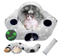 Cat Tunnel Bed, Cat Tunnels for Indoor Cats, Cat Donut Tunnel Toy with Washable Circle Cushion, Straight Shaped Tunnel, 4 Fluffy Balls, Blackout Tent, Self-Luminous Cat Toys（Grey）