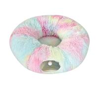 Cat tunnel bed for indoor cats, Plush donut pet cave dog bed，Rainbow | Foldable pet play tunnel with hanging ball for small dogs dachshund rabbit, Washable warm winter cushion