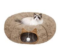 Cat Tunnel Bed for Indoor Cats, Soft Plush Donut Peekaboo Cat Cave, Multifunctional Playground Toy for Small Medium Large Cats, Kittens, Rabbits, Ferrets, with Washable Cushion (Brown)