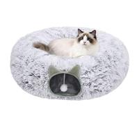 Cat Tunnel Bed for Indoor Cats, Soft Plush Donut Peekaboo Cat Cave, Multifunctional Playground Toy for Small Medium Large Cats, Kittens, Rabbits, Ferrets, with Washable Cushion(Grey)