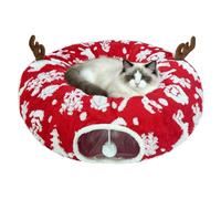 Cat Tunnel Bed for Indoor Cats, Soft Plush Donut Peekaboo Cat Cave, Multifunctional Playground Toy for Small Medium Large Cats, Kittens, Rabbits, Ferrets, with Washable Cushion (Christmas Red)