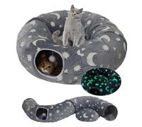 Cat Tunnel Bed for Indoor Cats with Washable Cushion Cat Cave Donut Tunnel with Fluffy Ball Big Round Tube Pet Playground Toys Soft Plush Peekaboo for Kitten, Cat, Puppy, Rabbit, Ferret（Moon Star）