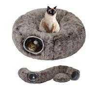 Cat Tunnel Bed for Indoor Cats with Washable Cushion Cat Cave Donut Tunnel with Fluffy Ball Big Round Tube Pet Playground Toys Soft Plush Peekaboo for Kitten, Cat, Puppy, Rabbit, Ferret（Brown）