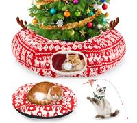 Cat Tunnel Bed Under Christmas Tree 35.4" Festive Circle Cat Tunnel with Feather Toys Adjustable Bibs Foldable Holiday Decorative Pet Cave for Indoor Cats Small Animals Fits Under Tree Skirt