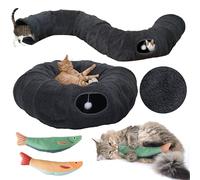 Cat Tunnel Bed with Center Mat, Big Tube Playground Toys, Soft Plush Material, Full Moon Shape for Kitten, Cats, Puppy, Rabbit, Ferret with 2 Fish Toys and Travel Bag (Dark Gray)